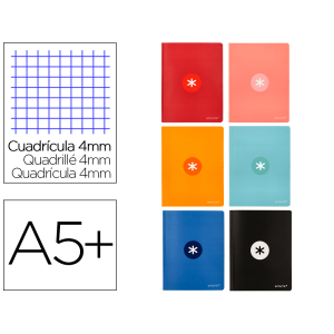 Libreta antartik a5+ plus cosida 48 hojas 90gr cuadro 4mm con margen 6 colores surtidos
