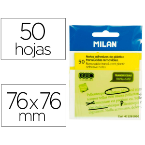 Bloc de notas adhesivas quita y pon milan 76x76 mm removible plastico translucido amarillo fluor 50 hojas
