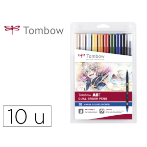 Rotulador tombow abt dual brush acuarelable doble punta fina/pincel estuche de 10 colores manga shonen
