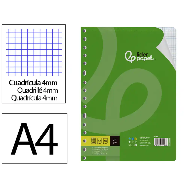 Recambio liderpapel a4 100 hojas 75gr cuadro 4mm con margen 16 taladros