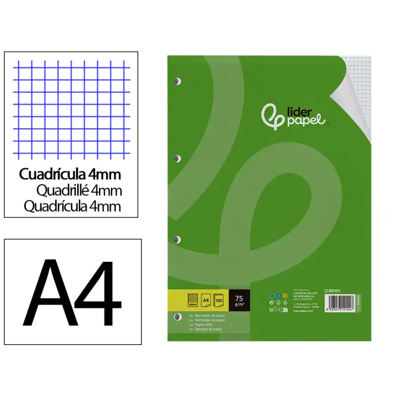 Recambio liderpapel a4 100 hojas 75gr cuadro 4mm con margen 4 taladros