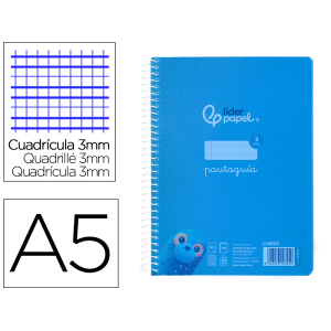 Cuaderno espiral liderpapel a5 pautaguia tapa plastico 80h 90gr cuadro pautado 3 mm con margen color azul