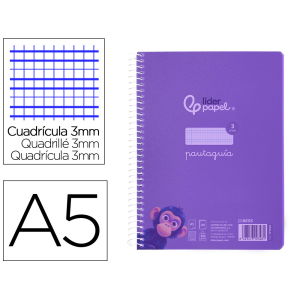 Cuaderno espiral liderpapel a5 pautaguia tapa plastico 80h 90gr cuadro pautado 3 mm con margen color lila