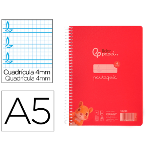 Cuaderno espiral liderpapel a5 pautaguia tapa plastico 80h 90gr cuadro pautado 4mm con margen color rojo