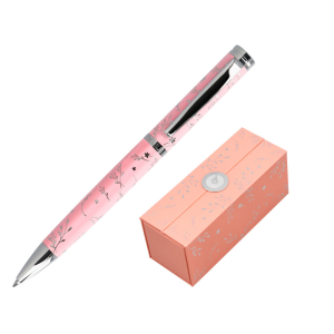 Boligrafo belius bella aluminio color rosa diseño plateado relieve tinta azul caja de diseño