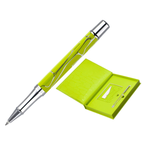 Boligrafo y wallet belius cocktails margarita aluminio verde lima plateado relieve tinta color azul caja de