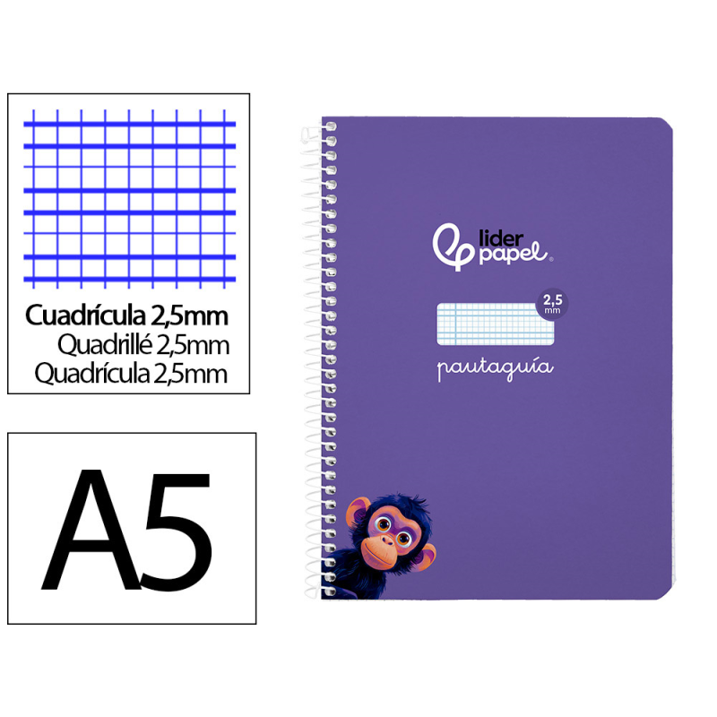 Cuaderno espiral liderpapel a5 pautaguia tapa blanda 40h 75gr cuadro pautado 2,5mm color lila