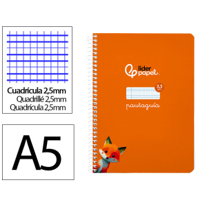 Cuaderno espiral liderpapel a5 pautaguia tapa blanda 40h 75gr cuadro pautado 2,5mm color naranja