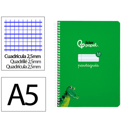 Cuaderno espiral liderpapel a5 pautaguia tapa blanda 40h 75gr cuadro pautado 2,5mm color verde