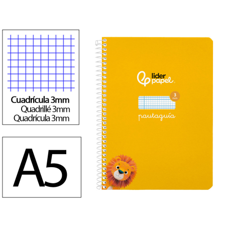 Cuaderno espiral liderpapel a5 pautaguia tapa blanda 40h 75gr cuadro pautado 3mm color amarillo