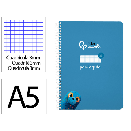 Cuaderno espiral liderpapel a5 pautaguia tapa blanda 40h 75gr cuadro pautado 3mm color azul