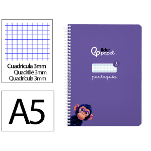 Cuaderno espiral liderpapel a5 pautaguia tapa blanda 40h 75gr cuadro pautado 3mm color lila