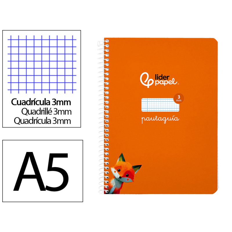 Cuaderno espiral liderpapel a5 pautaguia tapa blanda 40h 75gr cuadro pautado 3mm color naranja