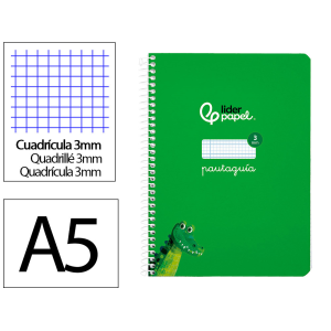 Cuaderno espiral liderpapel a5 pautaguia tapa blanda 40h 75gr cuadro pautado 3mm color verde