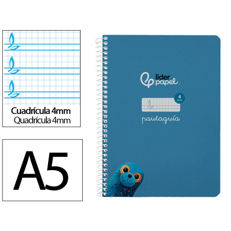 Cuaderno espiral liderpapel a5 pautaguia tapa blanda 40h 75gr cuadro pautado 4mm color azul