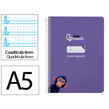 Cuaderno espiral liderpapel a5 pautaguia tapa blanda 40h 75gr cuadro pautado 4mm color lila