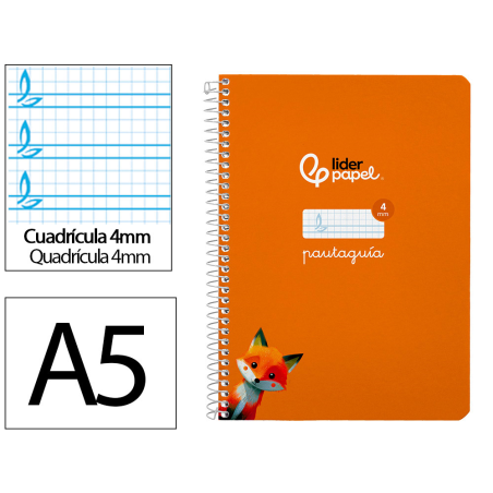 Cuaderno espiral liderpapel a5 pautaguia tapa blanda 40h 75gr cuadro pautado 4mm color naranja