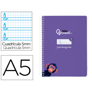 Cuaderno espiral liderpapel a5 pautaguia tapa blanda 40h 75gr cuadro pautado 5mm color lila