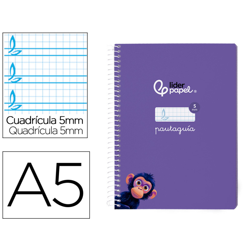 Cuaderno espiral liderpapel a5 pautaguia tapa blanda 40h 75gr cuadro pautado 5mm color lila