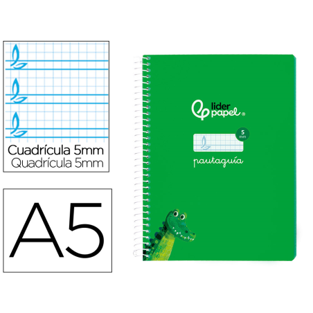 Cuaderno espiral liderpapel din a5 pautaguia tapa blanda 40h 75gr cuadro pautado 5mm color verde