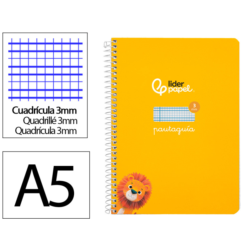 Cuaderno espiral liderpapel a5 pautaguia tapa dura 80h 90gr cuadro pautado 3mm color amarillo