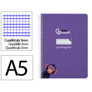 Cuaderno espiral liderpapel a5 pautaguia tapa dura 80h 90gr cuadro pautado 3mm color lila
