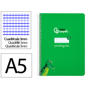 Cuaderno espiral liderpapel a5 pautaguia tapa dura 80h 90 gr cuadro pautado 3mm color verde