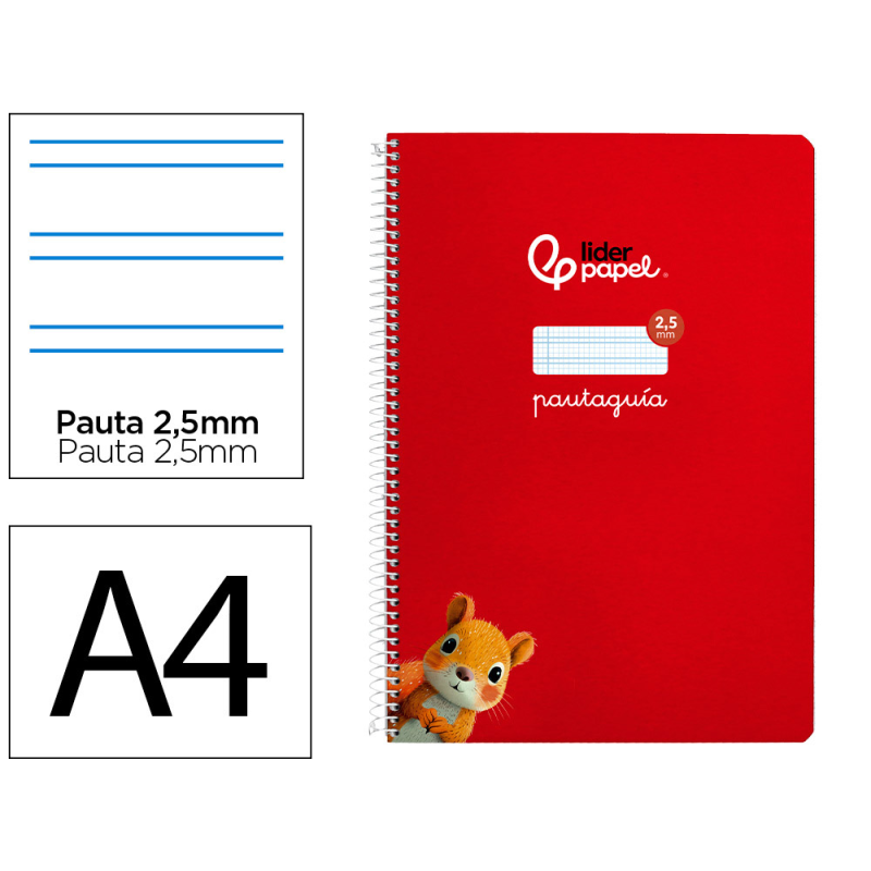 Cuaderno espiral liderpapel a4 pautaguia tapa blanda 80h 75gr cuadro pautado 2,5mm color rojo