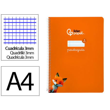 Cuaderno espiral liderpapel a4 pautaguia tapa blanda 80h 75gr cuadro pautado 3mm color naranja