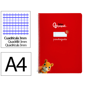 Cuaderno espiral liderpapel a4 pautaguia tapa blanda 80h 75gr cuadro pautado 3mm color rojo