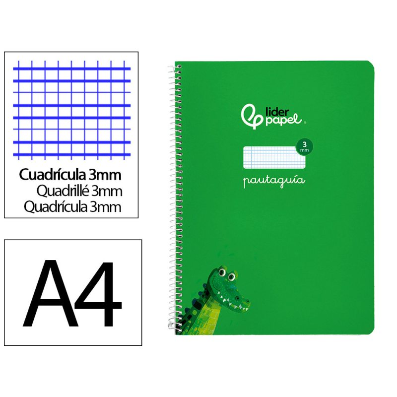 Cuaderno espiral liderpapel a4 pautaguia tapa blanda 80h 75gr cuadro pautado 3mm color verde