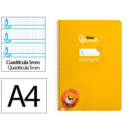 Cuaderno espiral liderpapel a4 pautaguia tapa blanda 80h 75gr cuadro pautado 5mm color amarillo