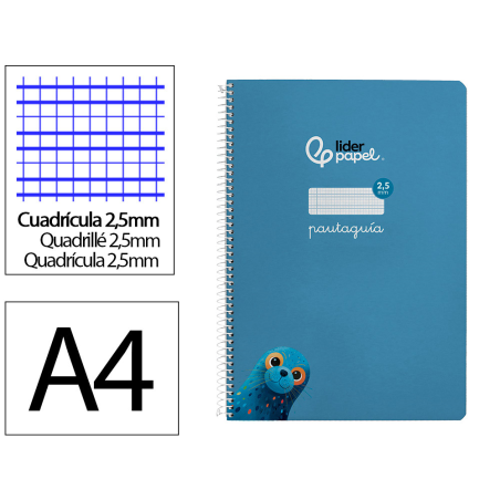 Cuaderno espiral liderpapel a4 a4 pautaguia tapa dura 80h 90 gr cuadro pautado 2,5mm color azul