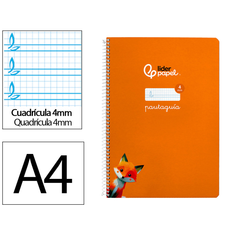 Cuaderno espiral liderpapel a4 pautaguia tapa dura 80h 90gr cuadro pautado 4mm color naranja