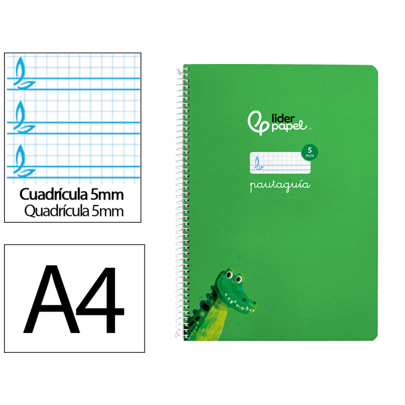 Cuaderno espiral liderpapel a4 pautaguia tapa dura 80h 90gr cuadro pautado 5mm color verde