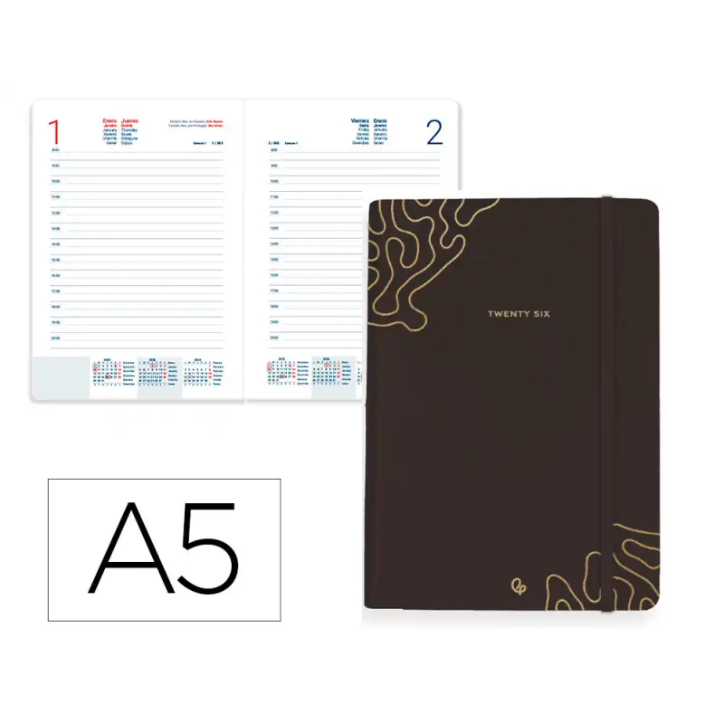 Agenda encuadernada liderpapel efira a5 2026 dia pagina negro papel 70 gr fsc