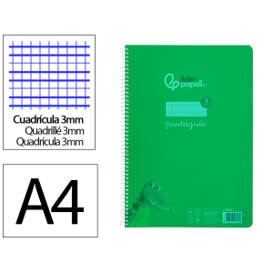 Cuaderno espiral liderpapel a4 pautaguia tapa plastico 80h 90gr cuadro pautado 3mm con margen color verde
