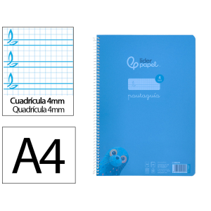 Cuaderno espiral liderpapel a4 pautaguia tapa plastico 80h 90gr cuadro pautado 4mm con margen color azul