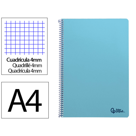 Cuaderno espiral liderpapel a4 smart tapa blanda 80h 75gr cuadro 4mm con margen color celeste