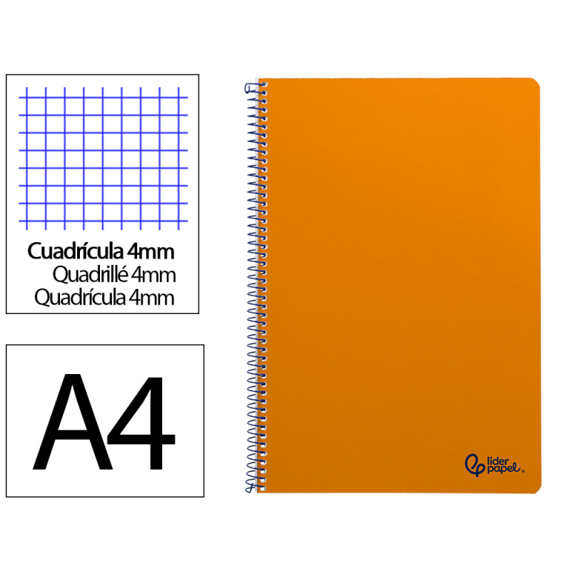 Cuaderno espiral liderpapel a4 smart tapa blanda 80h 75gr cuadro 4mm con margen color naranja