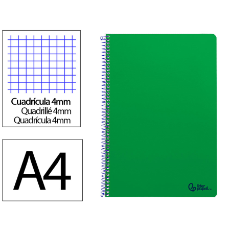 Cuaderno espiral liderpapel a4 smart tapa blanda 80h 75gr cuadro 4mm con margen color verde