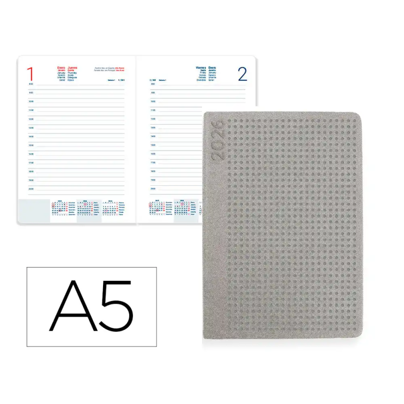 Agenda encuadernada liderpapel anafi a5 2026 dia pagina gris papel 70 gr fsc