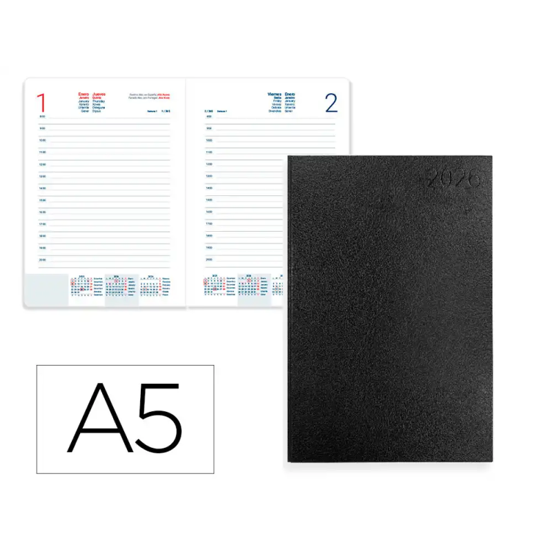 Agenda encuadernada liderpapel corfu a5 2026 dia pagina negro papel 60 gr fsc