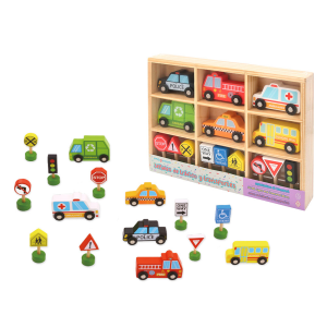 Juego infantil imaginovo madera vehiculos y señales de trafico +3 años 16 piezas 30x22x4cm