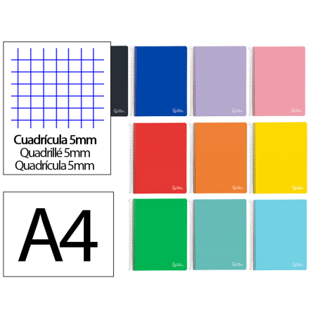 Cuaderno espiral liderpapel a4 micro witty tapa dura 120h 90gr cuadro 5mm 5 bandas 4 taladros colores surtidos