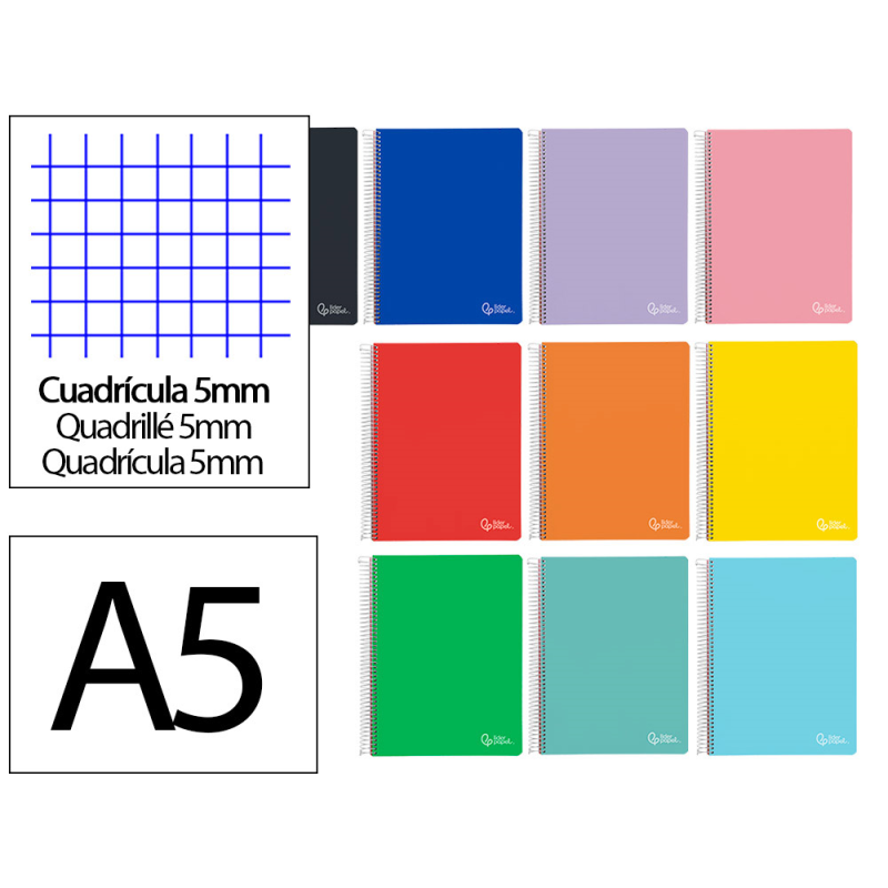 Cuaderno espiral liderpapel a5 micro witty tapa dura 120h 90gr cuadro 5mm 5 bandas 6 taladros colores surtidos