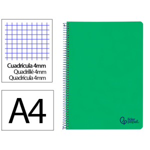 Cuaderno espiral liderpapel a4 wonder tapa plastico 80h 90gr cuadro 4mm con margen color verde oscuro