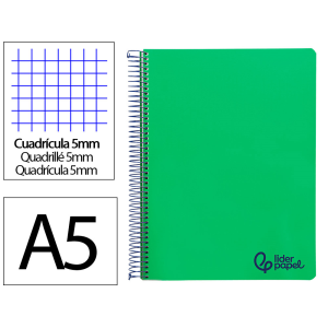 Cuaderno espiral liderpapel a5 micro wonder tapa plastico 120h 90gr cuadro 5mm 5 bandas 6 taladros color verde oscuro