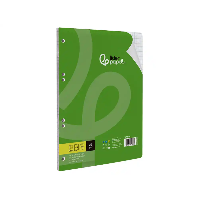 Recambio liderpapel a4 100 hojas 75gr cuadro 6mm 4 taladros con margen