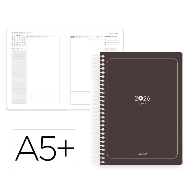 Agenda espiral antartik essentials a5+ 2026 día páginanegro papel 80g fsc